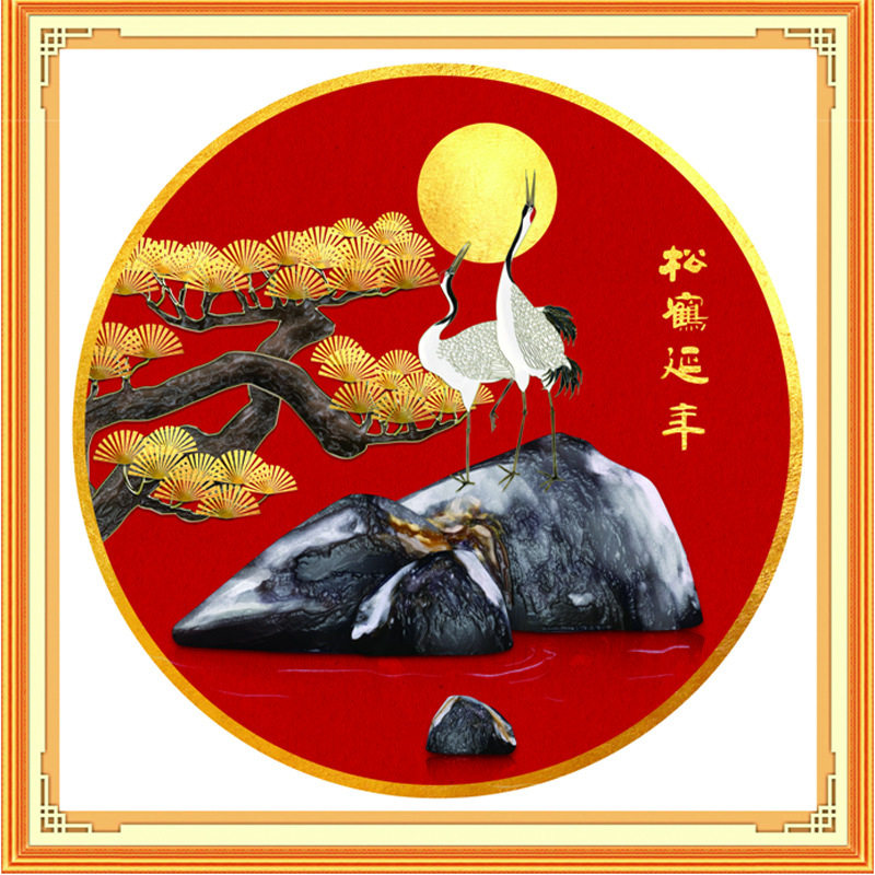 ks卧室迎客松红色圆形印花十字绣