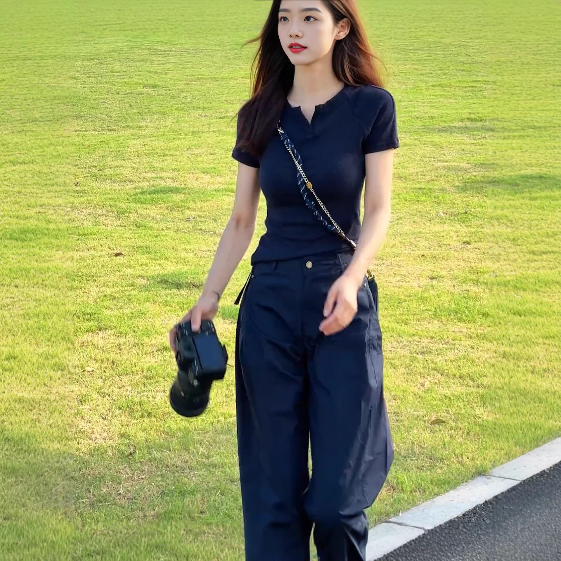 休闲时尚运动套装显瘦工装风两件套女2026夏新款高腰阔腿裤套装潮