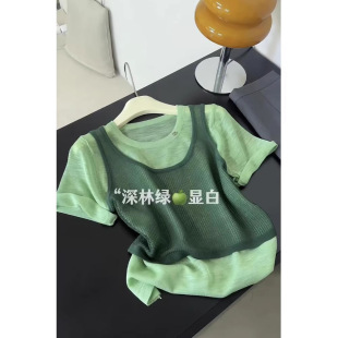 2025韩系爆款 感独特漂亮掐腰夏日ootd穿搭绿色假两件上衣 薄款