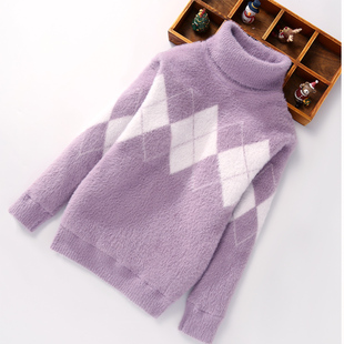 女童毛衣套头秋冬新款高翻领加绒貂绒毛衣打底衫中大童线衣