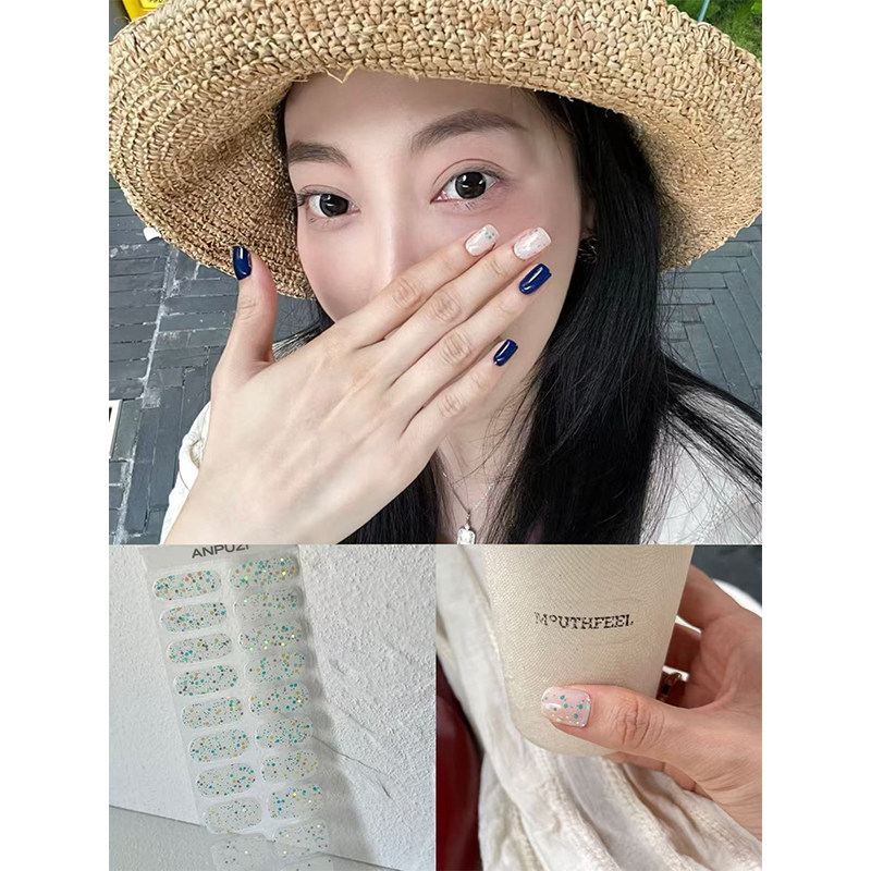 ANPUZI小红书同款半烤凝胶美甲贴照灯光疗防水持久薄荷亮片AN033
