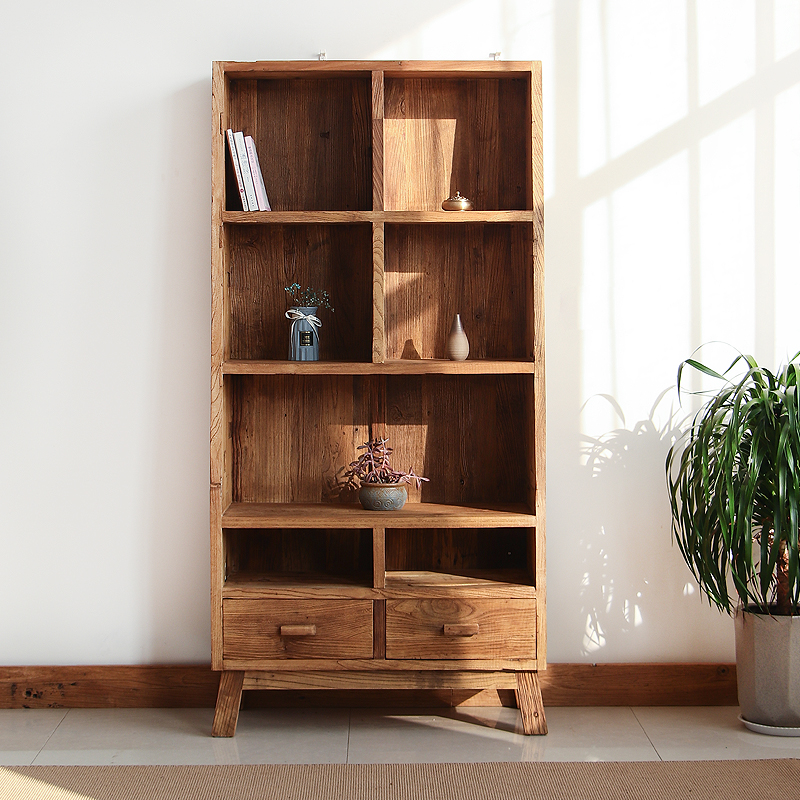 老榆木书柜实木门板置物架靠墙客厅办公室一体环保靠墙家用架家具