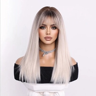 20 Inch Synthetic Wig White Highlight Straight Hair Wig Wit