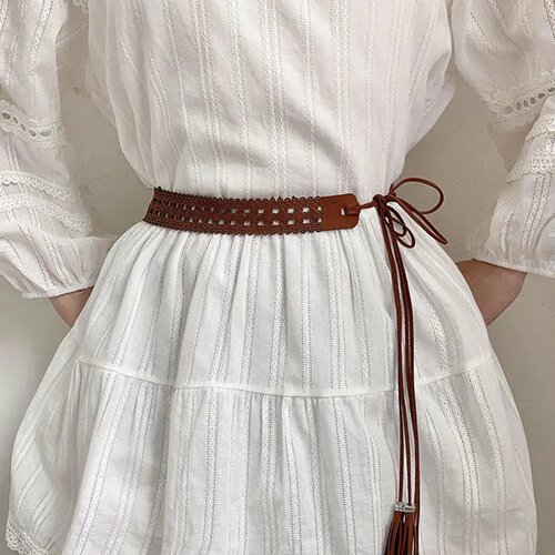 PU Leather Weaving Belt Women Waistband Vintage HollowCarved