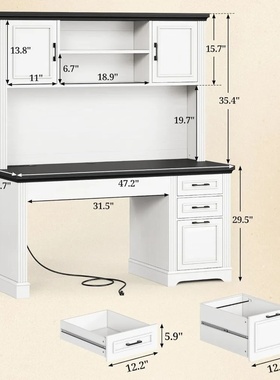 Farmhouse Computer Desk with Hutch and 3 Drawer, 47.2