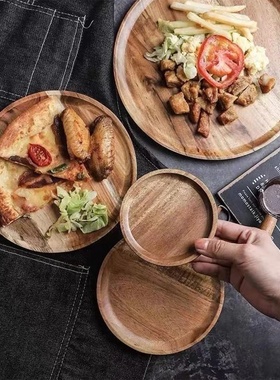 1PC Natural Wooden Tray Round Simple Serving Tray Retro Woo