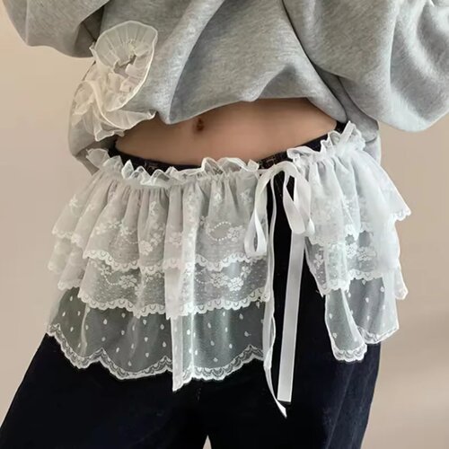Korean Fashion Lace Irregular Skirt Curtain White Flowers L