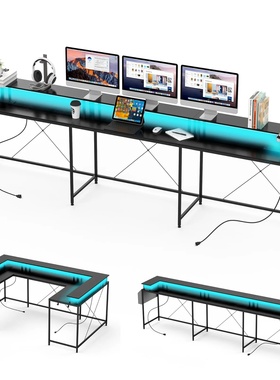 Modern L-Shaped Computer Desk Table LED Lights, Power Outle