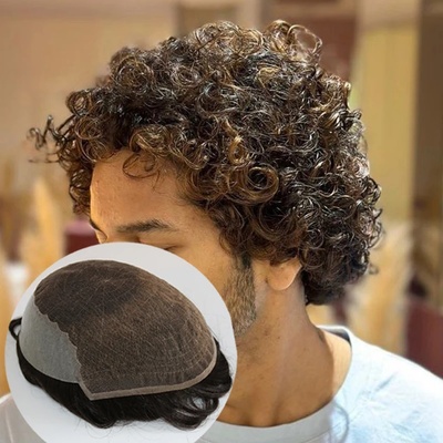 22mm Curly Comfortable #1 Black Men's Wigs Natural Hairline