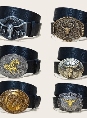 Western Cowboy Leather Belts Longhorn Bull Buckle Pattern