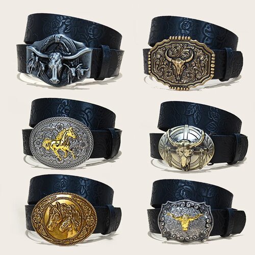 Western Cowboy Leather Belts Longhorn Bull Buckle Pattern
