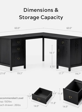 L Shaped Desk with Drawers,with Storage File Cabinet, Large