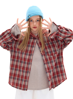 mpeng纯棉双纱面料格子连帽衬美式复古红色格子宽松衬衫外套上衣