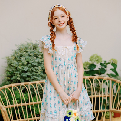 mpeng女童夏季新款田园碎花刺绣小飞袖甜美少女连衣裙