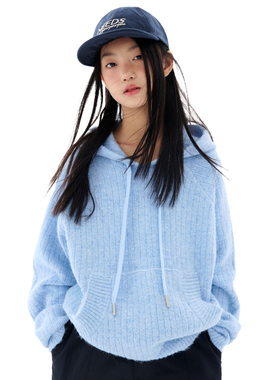 mpeng女童2025连帽毛衣含羊毛加厚保暖浅蓝色休闲宽松慵懒针织衫