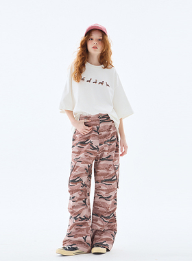 mpeng纯棉工艺面料粉色迷彩裤阔腿伞兵裤后腰松紧弹力腰带