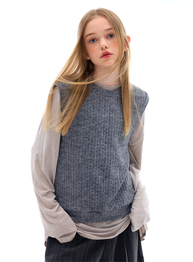 mpeng大童小个子女生春秋百搭单品灰色毛织圆领套头宽松背心上衣