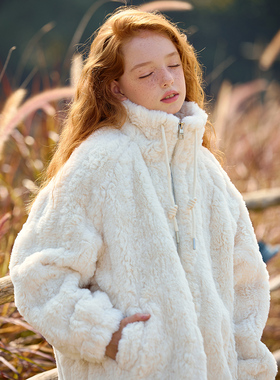 mpeng女童秋冬新款仿皮草毛绒外套女冬宽松加厚慵懒风百搭棉衣