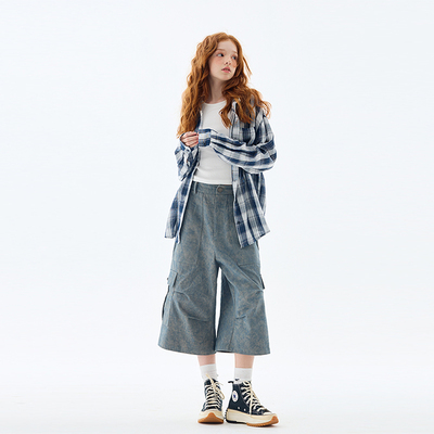 mpeng斜纹棉炒雪花做旧七分裤