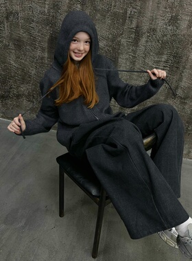 mpeng新款连帽拉链开衫毛衣外套女宽松慵懒风针织衫上衣