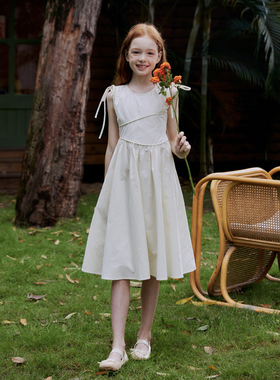 mpeng女童百分百纯棉纯色奶油杏连衣裙抽绳拼接设计极简舒适小众