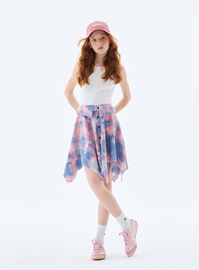 mpeng纯棉二次工艺破洞格子半身裙腰围衬衫翻领设计百搭裙