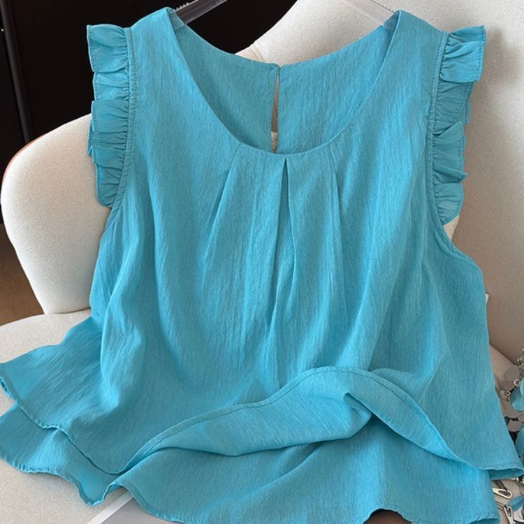 多巴胺明媚艺术生穿搭韩系蓝色无袖衬衫女夏季法式小飞袖小衫上衣