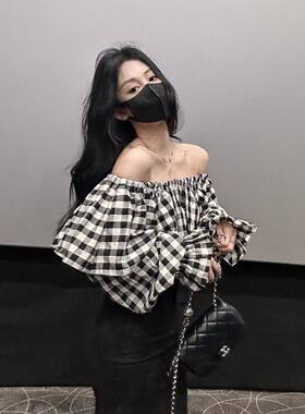 法式复古格子一字肩长袖上衣女秋季2026新款设计感气质荷叶领衬衫