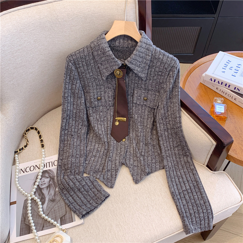 2025法式不规则长袖针织衫女秋季修身显瘦翻领设计感新款别致上衣