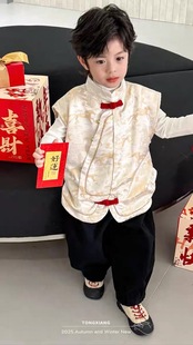 男童拜年服汉服儿童马甲冬装2025新款夹棉国风浅米色新中式上衣潮