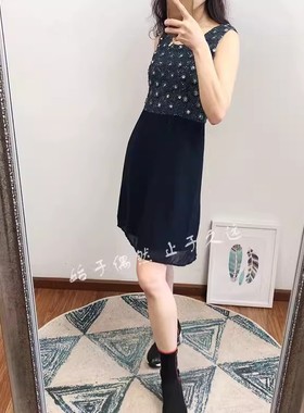 2025新款女装重工蕾丝钉钻拼接蓝色飘逸雪纺纱无袖连衣裙显瘦短裙