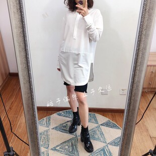 24新品 美式高街 极简主义 白色小圆领套头中长款长袖衬衫女 微瑕