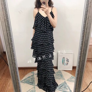 飘逸独特 亭亭玉立 多层次松塔裙波点长款雪纺纱吊带连衣裙女装仙