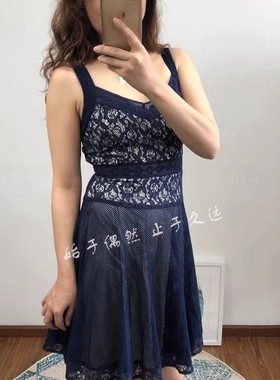 摩登精裁 2025夏季气质蓝色精致网面蕾丝收腰吊带连衣裙OL短裙女