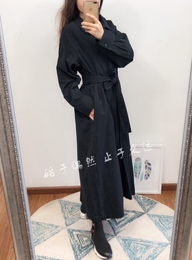 含蓄文艺 2025早春新品黑色翻领长款宽松系带连衣裙棉质显瘦长裙