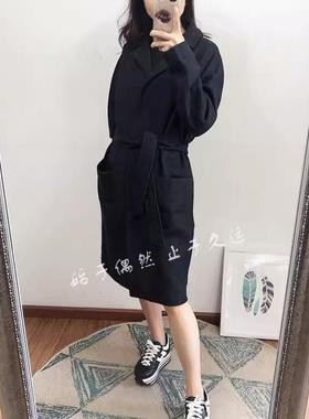特立独行 恣意而为 宽松大口袋收腰系腰带黑灰色中长款毛呢外套女