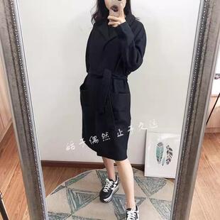 特立独行 恣意而为 宽松大口袋收腰系腰带黑灰色中长款毛呢外套女
