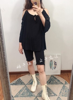 2025早春新款 黑色性感露肩小吊带拼镂空蕾丝七分袖T恤宽松上衣女