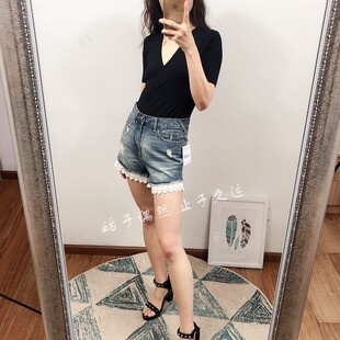 2024夏季新款黑色性感深v领修身针织打底衫连裆短袖t恤女纯色上衣