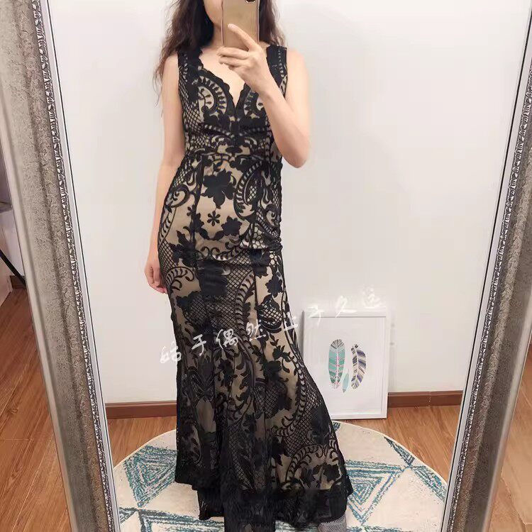 两色入 意式趣味 宫廷味道的蕾丝收腰晚宴长款礼服主持伴娘连衣裙