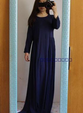 包邮 自留款三色之藏蓝色棉质手感好超长款宽松长袖连衣裙唯美范