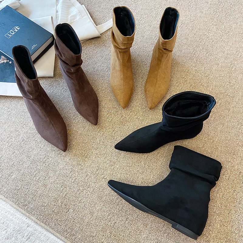 2026年秋冬新款韩版法式气质平底尖头皱褶堆堆靴瘦瘦靴马丁靴女鞋