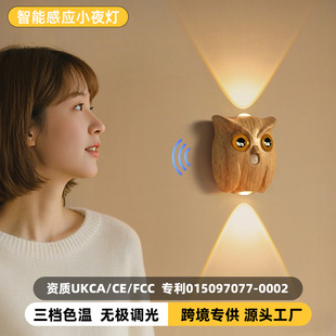 跨境热销智能感应猫头鹰小夜灯免布线磁吸走廊过道可充电壁灯定制