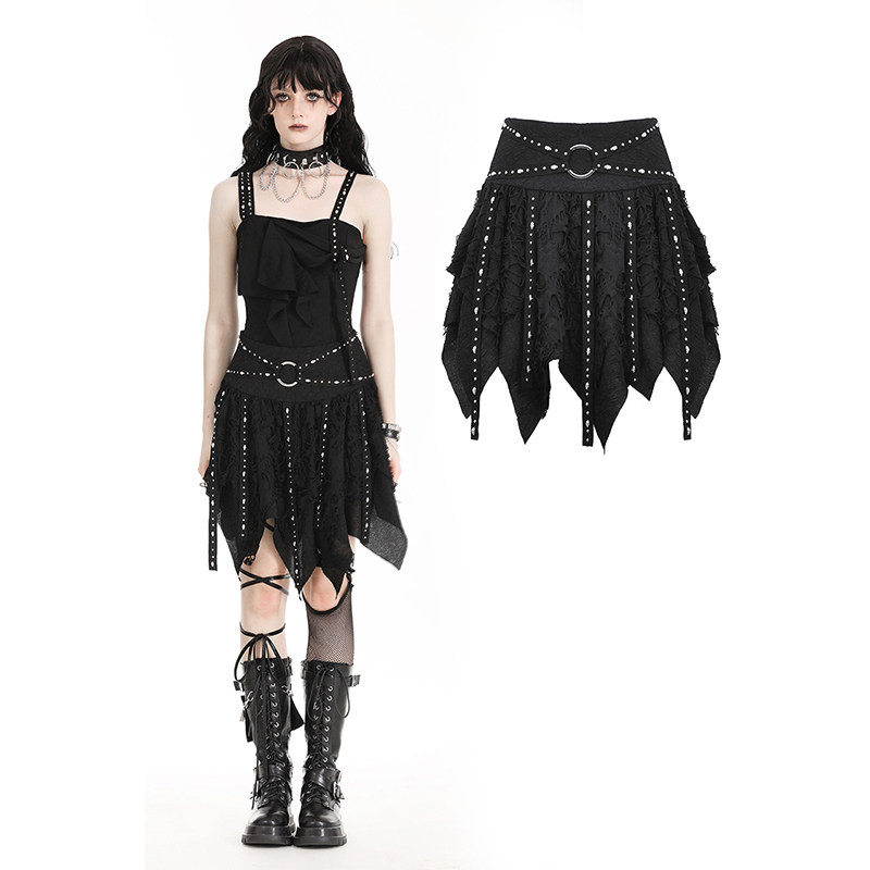 DARK IN LOVE哥特女装暗黑骷髅铆钉装饰高腰不规则半身裙KW340