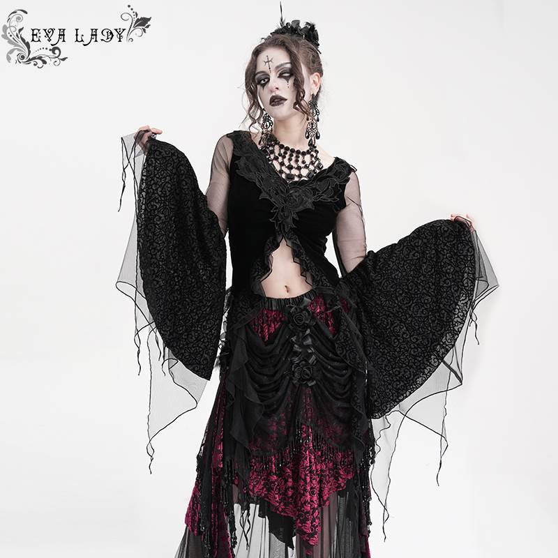 Devil Fashion恶魔时尚哥特暗黑短款丝绒蕾丝网纱长袖T恤ETT039