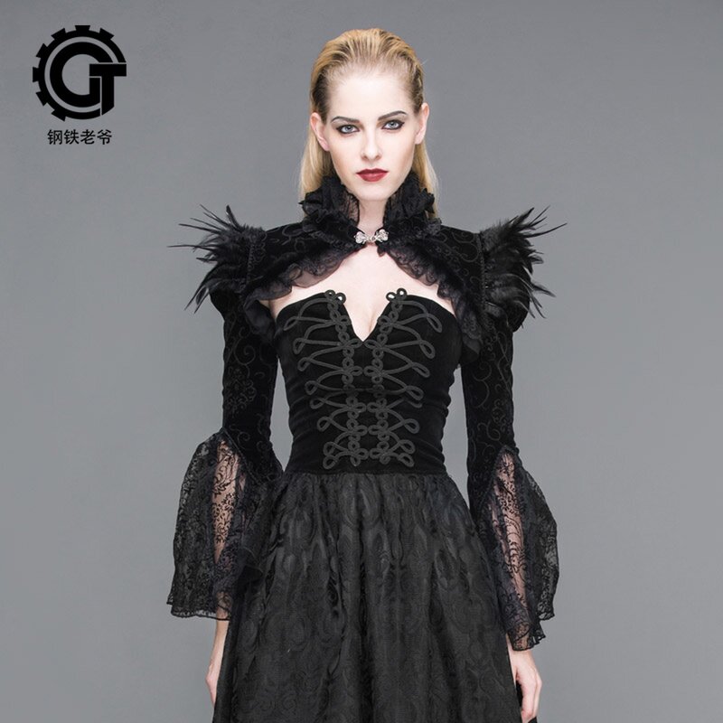 钢铁老爷春秋新款开衫朋克哥特宫廷羽毛披肩超短立领荷叶袖短外套