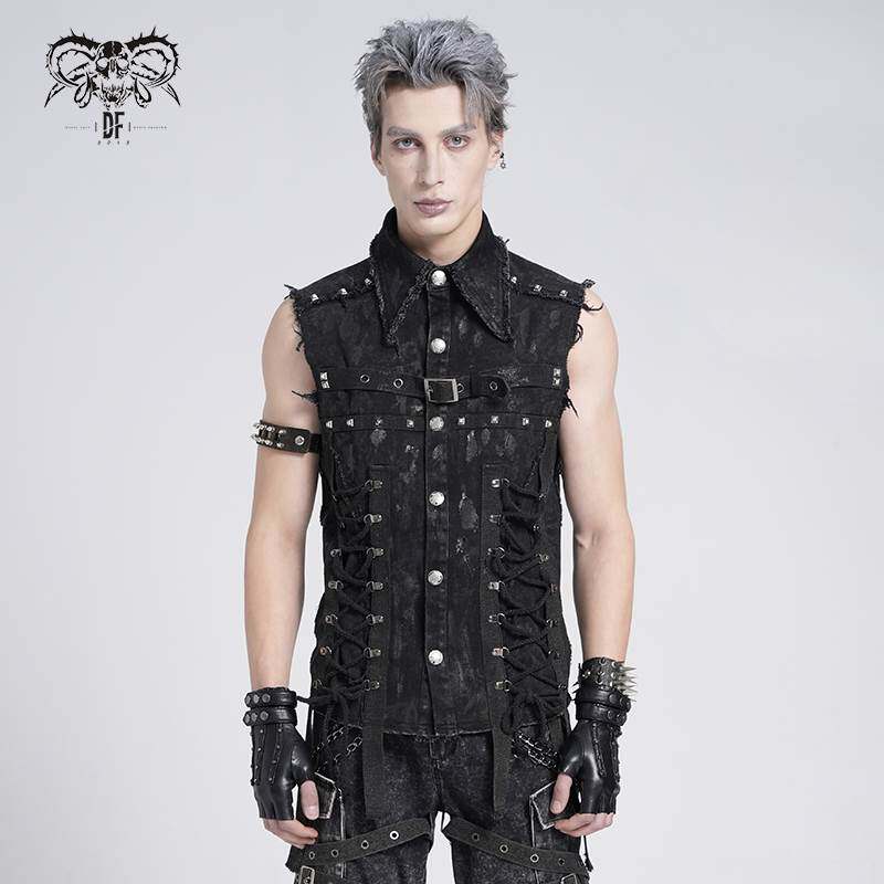 Devil Fashion恶魔时尚哥特暗黑男装毛边做旧马甲无袖背心SHT138