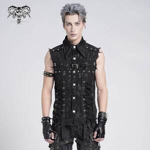 Devil Fashion恶魔时尚哥特暗黑男装毛边做旧马甲无袖背心SHT138