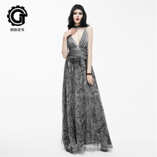 哥特欧美女装 演出派对宴会晚礼服性感露背丝绸中国风连衣裙 挂脖式