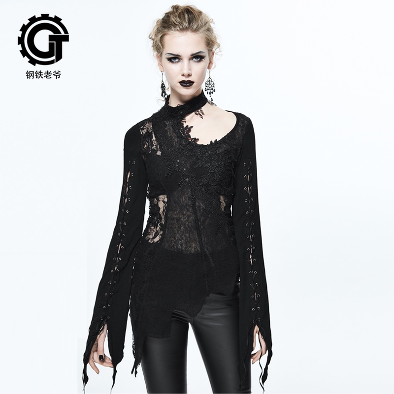 哥特春夏女装性感透视不对称长袖